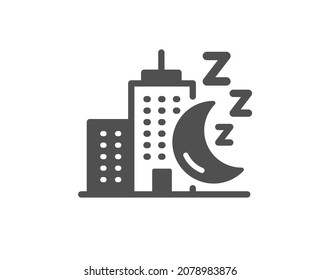 Night city quality icon. Skyscraper sleep sign. Building with moon symbol. Classic flat style. Quality design element. Simple night city icon. Vector