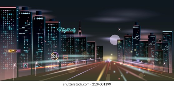 Nachtstädtische realistische Komposition mit Hintergrundsicht auf die Nachtstadtlandschaft mit AutobahnWolkenkratzern und leuchtenden Lichtern Vektorgrafik