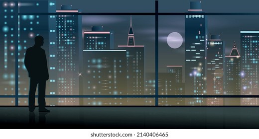 Composición realista de ciudad nocturna con vista interior de ventana panorámica con rascacielos brillantes y brillante ilustración de vector lunar