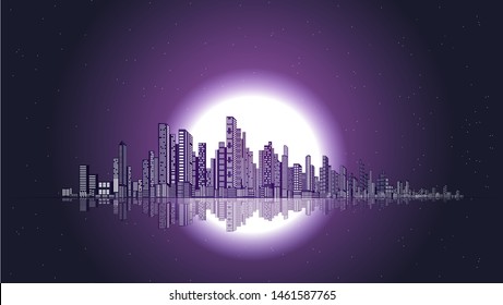 night city with reflection on the water, full moon and stars vector illustration. modern cityscape 