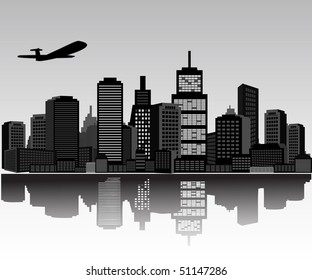 Night city with reflection and plane