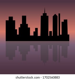 Ciudad nocturna con reflexión en el agua. Ilustración vectorial.