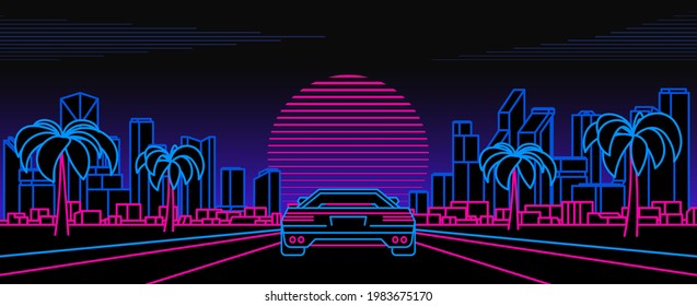 Night city in retro waves, synth, 1980s style. Neon background with supercar.