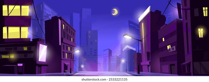 Night city road front view. Town building on street illustration. Urban cityscape with moon, skyscraper and asphalt path in dark time. Empty residential downtown district horizontal panorama design