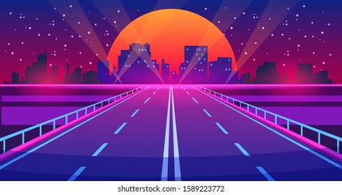 Night city road. Futuristic highway with neon lights and buildings, city of future urban landscape. Vector illustration downtown cartoon scene futurist view modern illuminations road