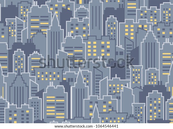夜の街並みのシームレスな模様 都市の背景 高層ビルを持つ繁華街 パノラマ建築都市の風景の壁紙 都市生活の概略図 ベクターイラスト のベクター画像素材 ロイヤリティフリー