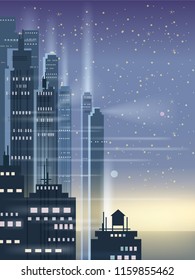 Night city, city scene, skyscrapers, towers, starry sky, lights, horizon, perspective, background, vector, isolated