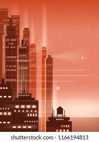 Night city, city scene, skyscrapers, towers, starry sky, lights, horizon, perspective, background, vector, isolated