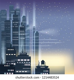 Night city, city scene, skyscrapers, towers, starry sky, lights, horizon, perspective, background, vector, isolated