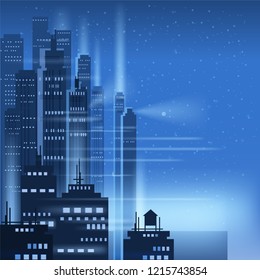 Night city, city scene, skyscrapers, towers, starry sky, lights, horizon, perspective, background, vector, isolated