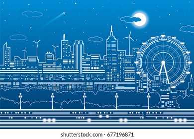 Night city scene, town infrastructure illustration, ferris wheel, modern skyline, white lines on blue background, vector design art 