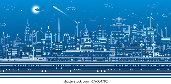 Night city scene, urban infrastructure illustration, modern skyline town, white lines on blue background, vector design art 