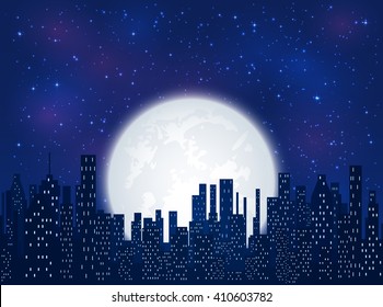 Night in the city, shining stars and Moon on blue sky background, illustration.