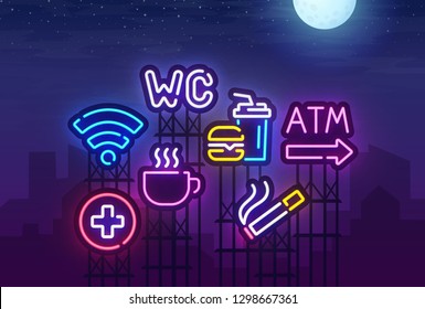 Night city. Sign neon. ATM, Food court, Disabled, Smoking area, Restroom, Wi-fi, Cafe, Hospital neon sign. Bright signboard, light banner. Vector illustration