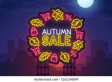 Night city. Sign neon. Autumn Sale. Bright billboard. Autumn Discounts banner, logo, emblem and label. Bright signboard, light banner.  Vector illustration.