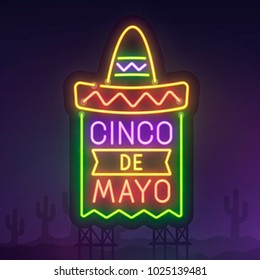 Night city sign neon. Cinco De Mayo. Realistic neon sign. Mexico banner, logo, emblem and label. Bright signboard, light banner.  Vector illustration.