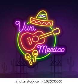 Night city sign neon. Cinco De Mayo. Realistic neon sign. Viva Mexico banner, logo, emblem and label. Bright signboard, light banner.  Vector illustration.