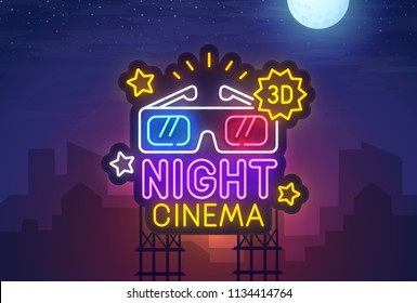 Night city. Sign neon. Night Cinema. Bright billboard.  Cinema 3D banner, logo, emblem and label. Bright signboard, light banner.  Vector illustration.