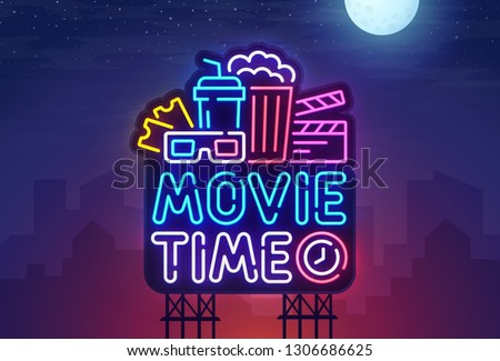 Night city. Sign neon. Cinema billboard. Bright signboard, light banner. Cinema logo. Vector illustration.