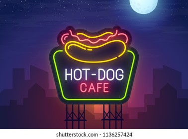 Night city. Sign neon. Hot Dog. Bright billboard.  Street food banner, logo, emblem and label. Bright signboard, light banner. Vector illustration