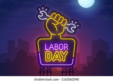 Night city. Sign neon. Labor Day. Bright billboard. Happy Labor Day banner, logo, emblem and label. Bright signboard, light banner.  Vector illustration.