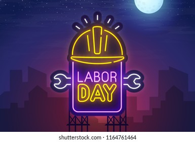 Night city. Sign neon. Labor Day. Bright billboard. Happy Labor Day banner, logo, emblem and label. Bright signboard, light banner.  Vector illustration.