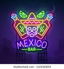 Night city sign neon. Mexico bar. Realistic neon sign. Mexican pub banner, logo, emblem and label. Bright signboard, light banner.  Vector illustration.