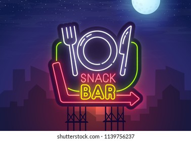 Night City. Sign Neon. Snack Bar. Bright Billboard. Cafe And Restaurant Banner, Logo, Emblem And Label. Bright Signboard, Light Banner.  Vector Illustration.