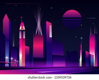 Night city silhouette with bridge and highway road in neon glowing colors. Retro 80s poster style. Vector illustration