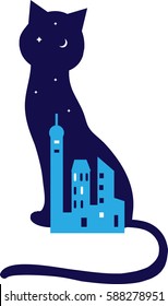 Night city in the silhouette of a cat, vector illustration