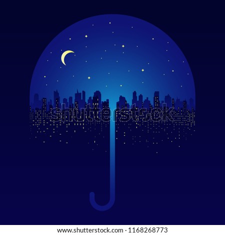 Night city silhouette. Cloudy sky, full moon and night city silhouette. Autumn landscape in a cloudy day. Umbrella protects the city from autumn rain. Cloudy city. 