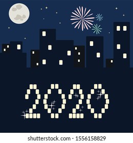 Night city silhouette and fireworks. 2020 New Year. 2020 lettering. Merry Christmas and Happy New Year 2020. Vector illustration. 