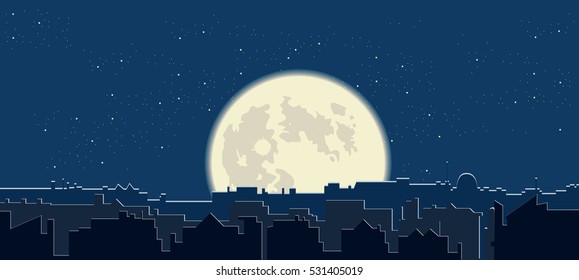 Night city silhouette full moon and stars vector illustration