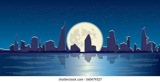 Night city silhouette, full moon, starry sky and reflection on water
vector cityscape illustration