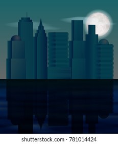 Night city silhouette with full moon and reflection on water. Vector illustration.