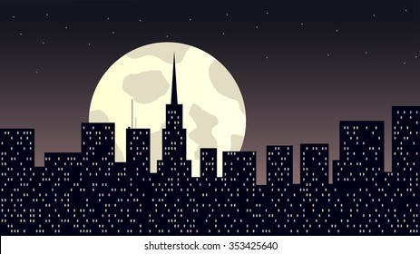 Night city silhouette with moon