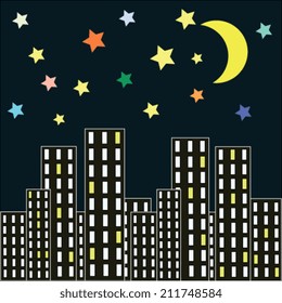 night city, Silhouette of the city and night with stars and moon at the sky