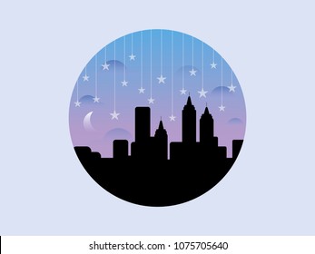 Night city. Silhouettes of houses against the background of the starry sky and clouds. The stars hang on the threads. Vector illustration.