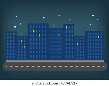 Night city simple buildings vector background.