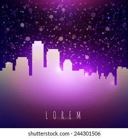 Night city sky with stars background. Vector illustration for party invitation. Magic nightlife banner, poster template.