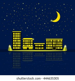  Night city and sky with stars, moon and silhouette of buildings. Background for kids illustration and baby card.