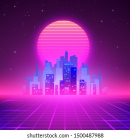 Night City Skyline. 80s Retro Sci-Fi Background. Futuristic Design In 80s Style. Vector Illustration