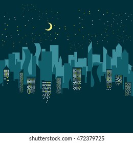 Night city skyline abstract background. Modern night city landscape. Vector Illustration