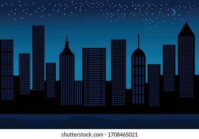 Night city skyline in blue for background illustration and image