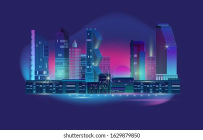 Night City skyline. Business district. Panorama with neon glow in twilight. Futuristic cityscape with glowing purple and blue lights. Vector illustration with megapolis, skyscrapers, buildings.