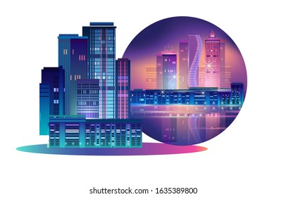 Night City skyline. Business district. Panorama with neon glow in twilight. Futuristic cityscape with glowing purple and blue lights. Vector illustration. Megapolis, skyscrapers, buildings.