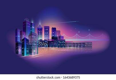 Night City skyline. Business district. Panorama with neon glow in twilight. Futuristic cityscape with glowing purple and blue lights. Vector illustration. Megapolis, skyscrapers, buildings.