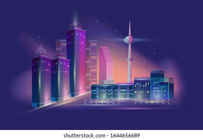 Night City skyline. Business district. Panorama with neon glow in twilight. Futuristic cityscape with glowing purple and blue lights. Vector illustration. Evening megapolis, skyscrapers, buildings.