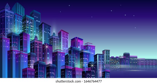 Night City skyline. Business district. Panorama with neon glow in twilight. Futuristic cityscape with glowing purple and blue lights. Vector illustration. Megapolis, skyscrapers, buildings.