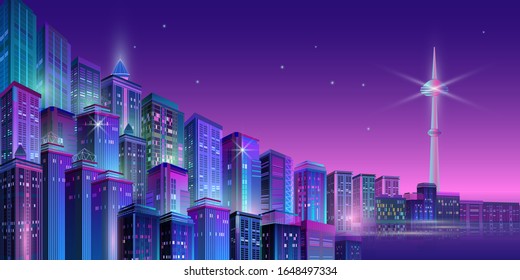 Night City skyline. Business district. Panorama with neon glow in twilight. Futuristic cityscape with glowing purple and blue lights. Vector illustration. Megapolis, skyscrapers, buildings.